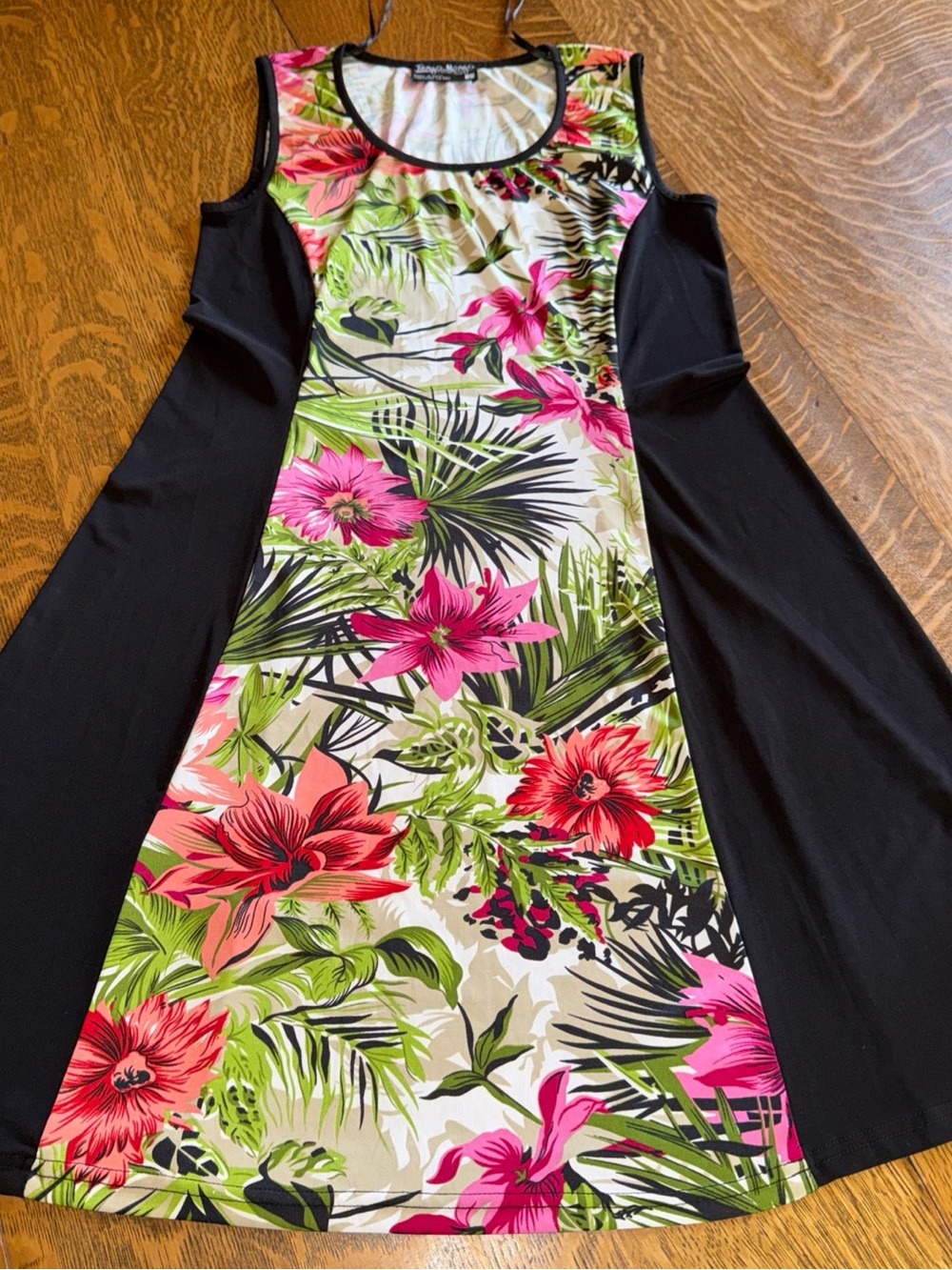 Tropical Floral Midi Dress with Black Side Panels